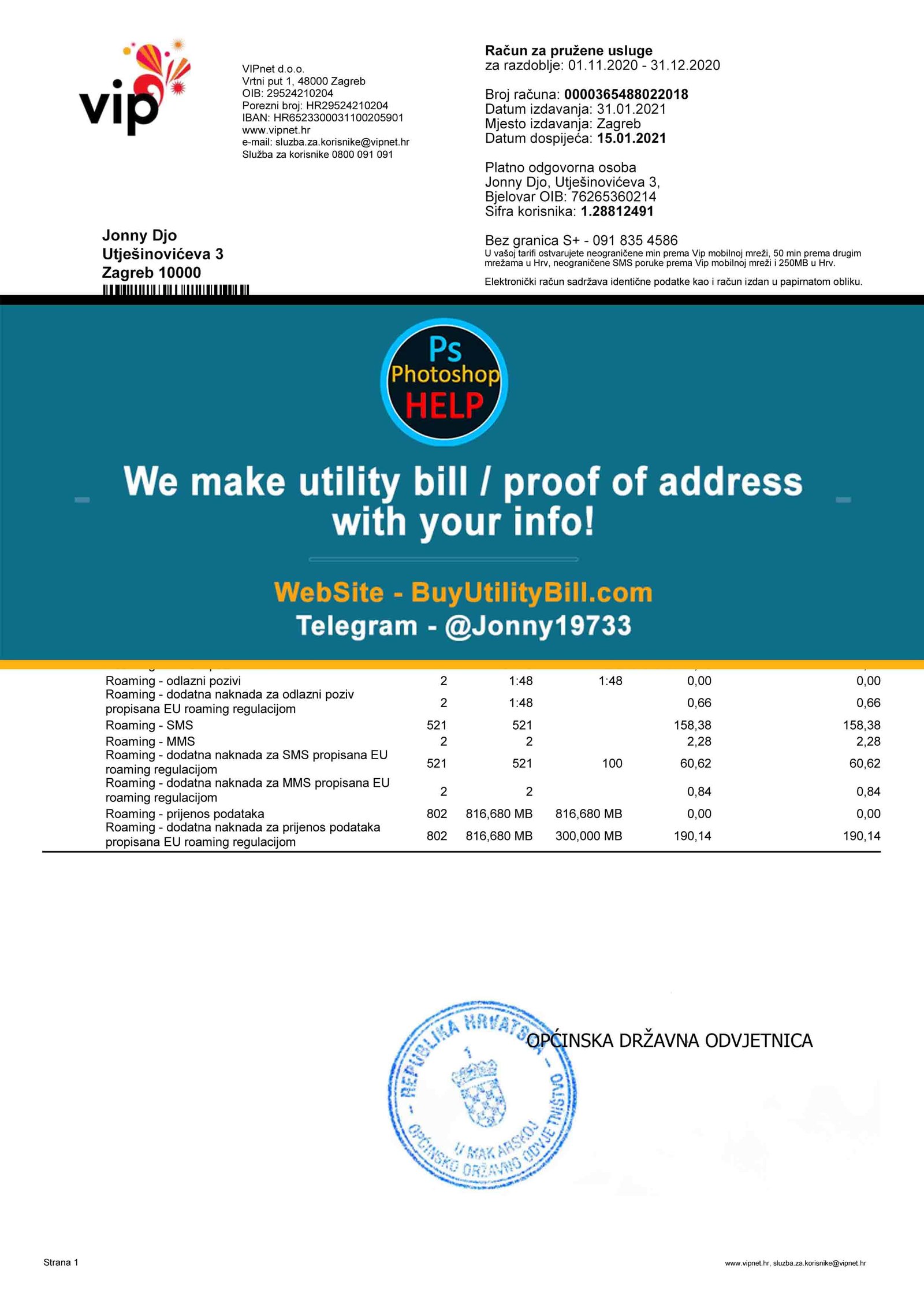 Croatia Phone Fake Utility Bill VIP Fake Utility bill